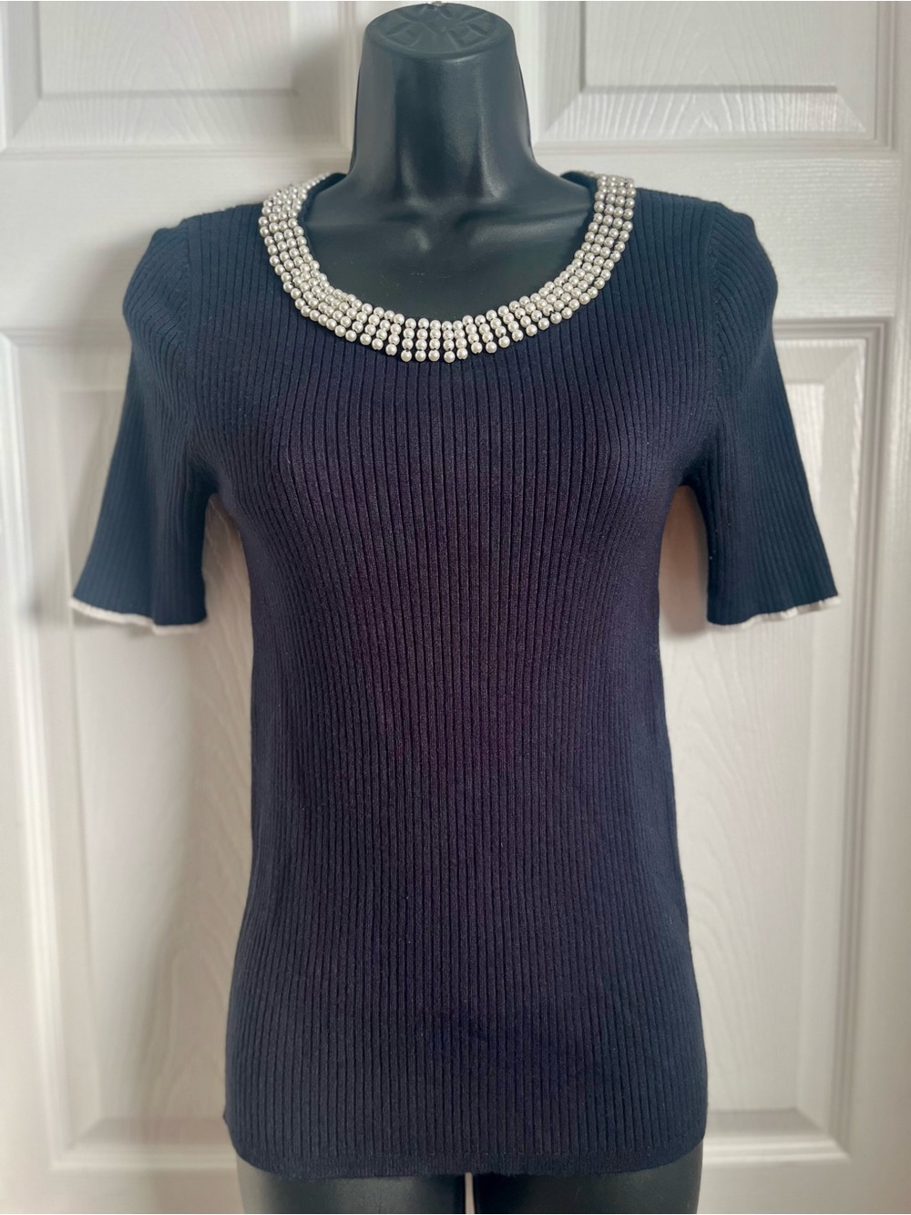 Karl Lagerfeld Paris Pearl Embellished Ribbed Knit Short Sleeve Top Small Black